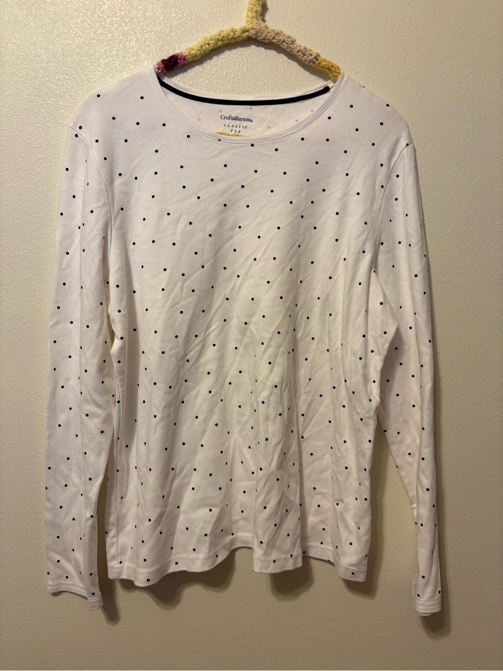 Croft & Borrow White Long Sleeve Tee with Black Polka Dots
